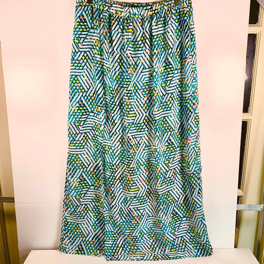 Signature Studio flowy maxi skirt vibrant green yellow A-line colorful vacation